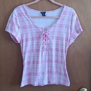 Rue21 pink plaid baby tee with front lace up NWOT size XL